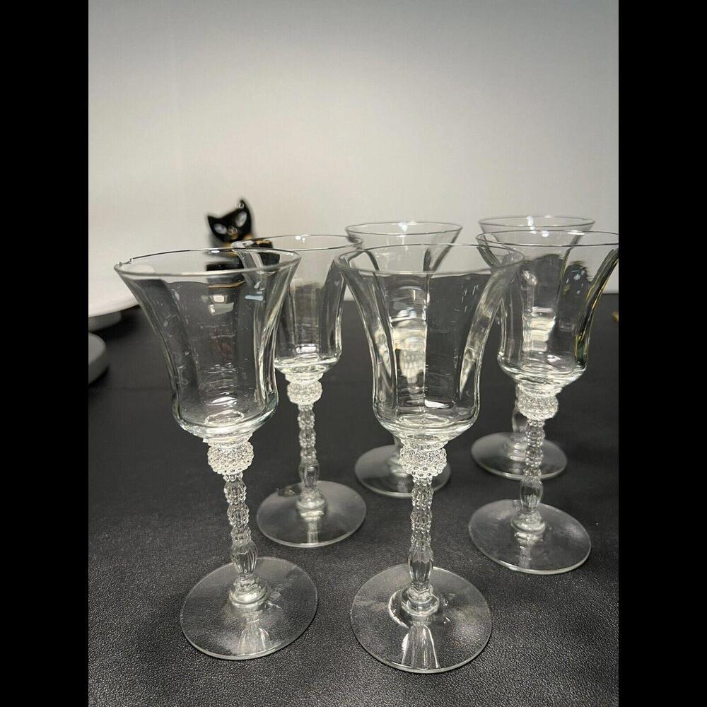 Heisey Vintage 1940s 6 Monte Cristo Champagne Glasses Textured Rings Stems